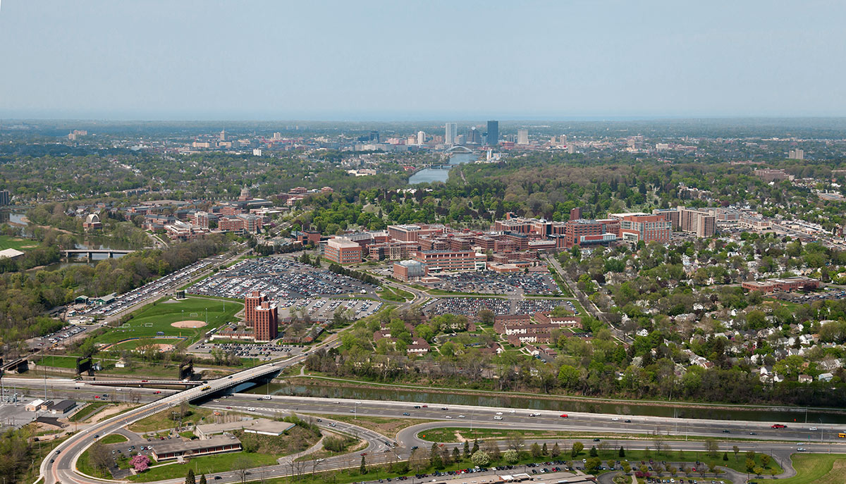 Aerial view of the University of Rochester, the Medical Center, and Downtown Rochester