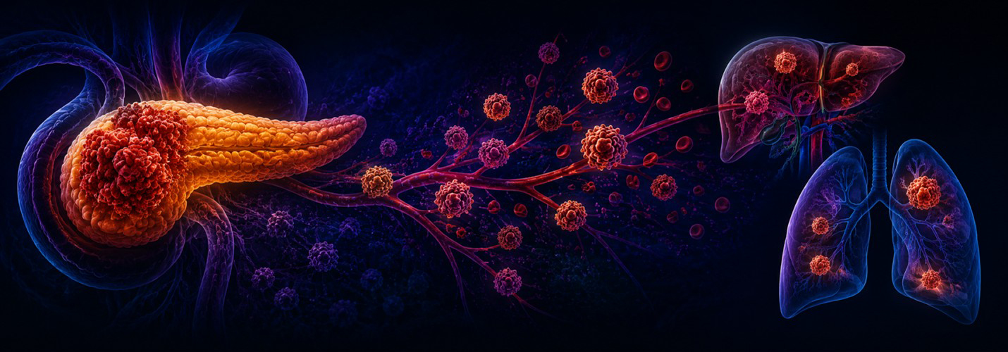 Illustration of cancerous cells spreading from a pancreas to the liver and lungs, highlighting metastasis in human organs.