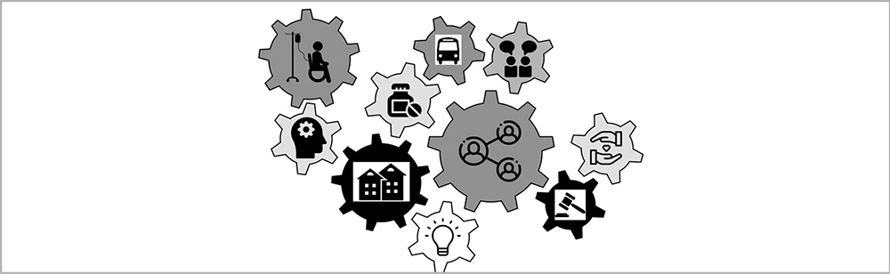 different sized gears with icons of people and services