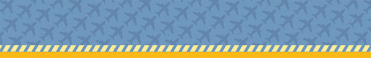 A blue patterned banner featuring repeating airplane silhouettes with a yellow striped border along the bottom.