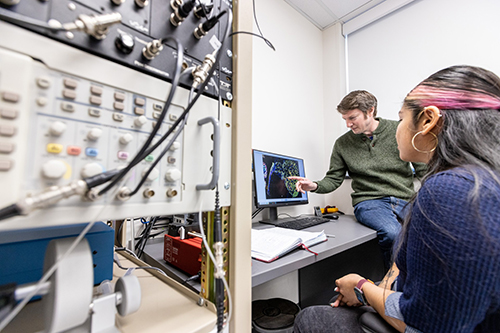 Researcher Showing a Colleague an Image on a Computer Screen
