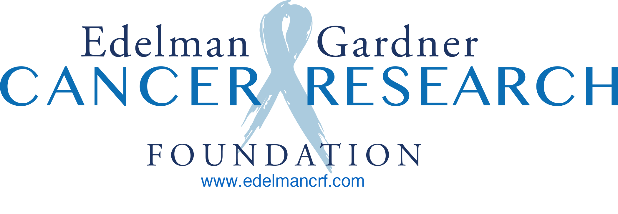 A blue-toned logo displaying the text “Edelman Gardner Cancer Research Foundation” with a large awareness ribbon integrated between the words.