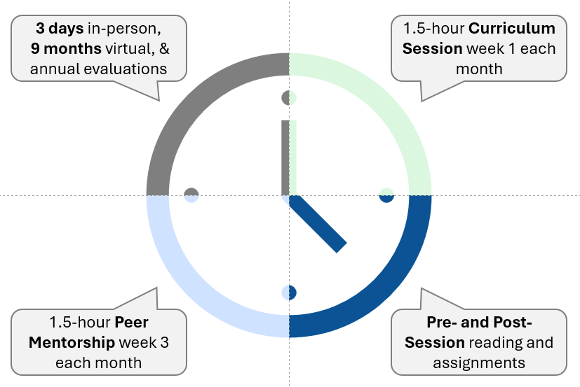 TEAMS program time commitment overview including orientation, monthly coursework, and peer mentoring
