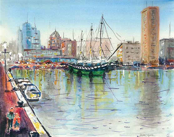 Painting by Gerald Marks, MD: Looking north to Philadelphia City Hall at night, 2018