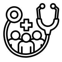 An icon of a stethoscope around people and a medical symbol