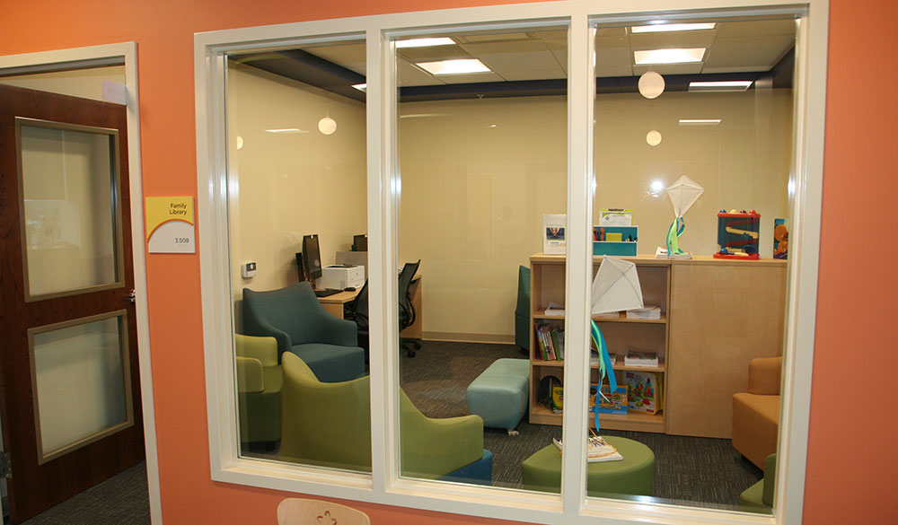 A view of the family library from the waiting room