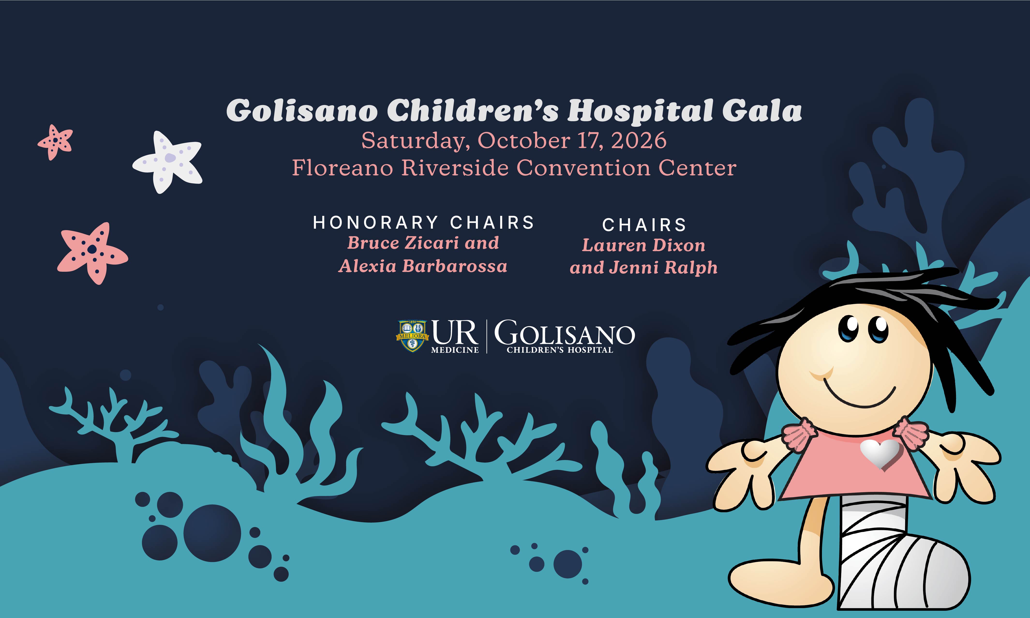 Golisano Children's Gala banner, depicting Sandy Strong under water