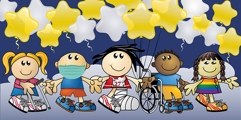 Artwork of Sandy and friends with balloons shaped like stars