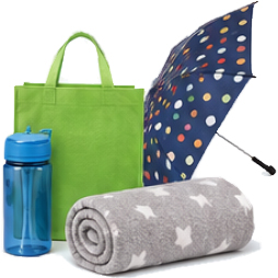 umbrella, water bottle, shopping bag