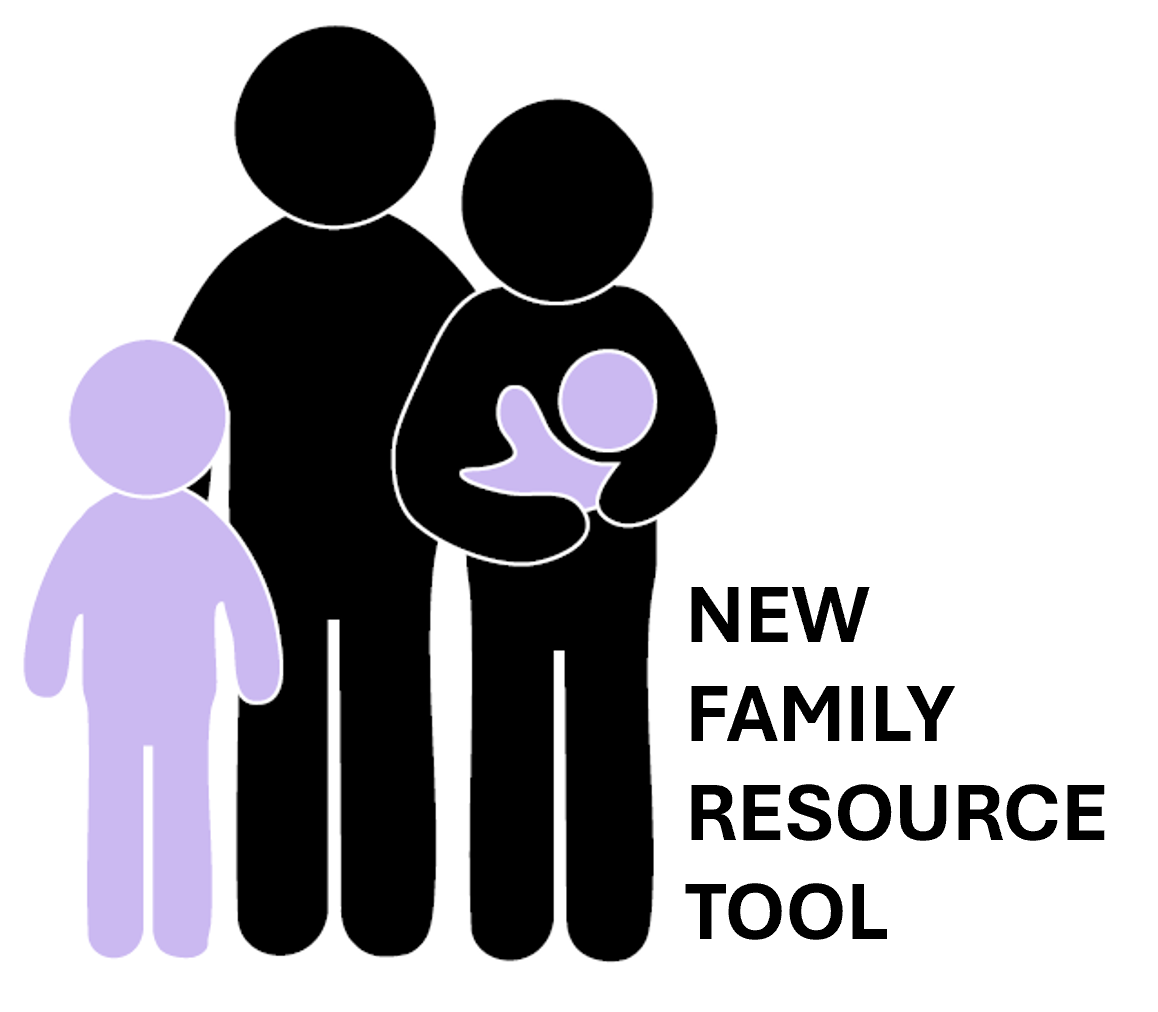 outline of figures representing a family standing together, with the caregivers in black and a child and baby in purple. Next to the family says "New Family Resource Tool"