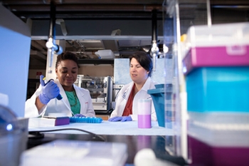 Nikesha Gilmore, PhD, works with mentor Michelle Janelsins, PhD, in the lab