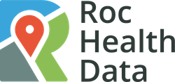 RocHealthData logo - map in a R shape with a location pin