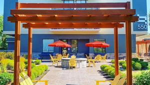 Hotel patio with colorful cushions