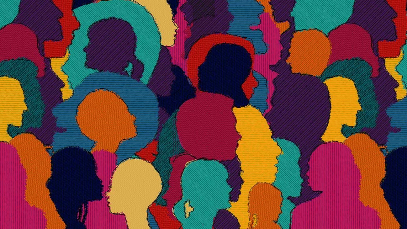 a colorful graphic of many people