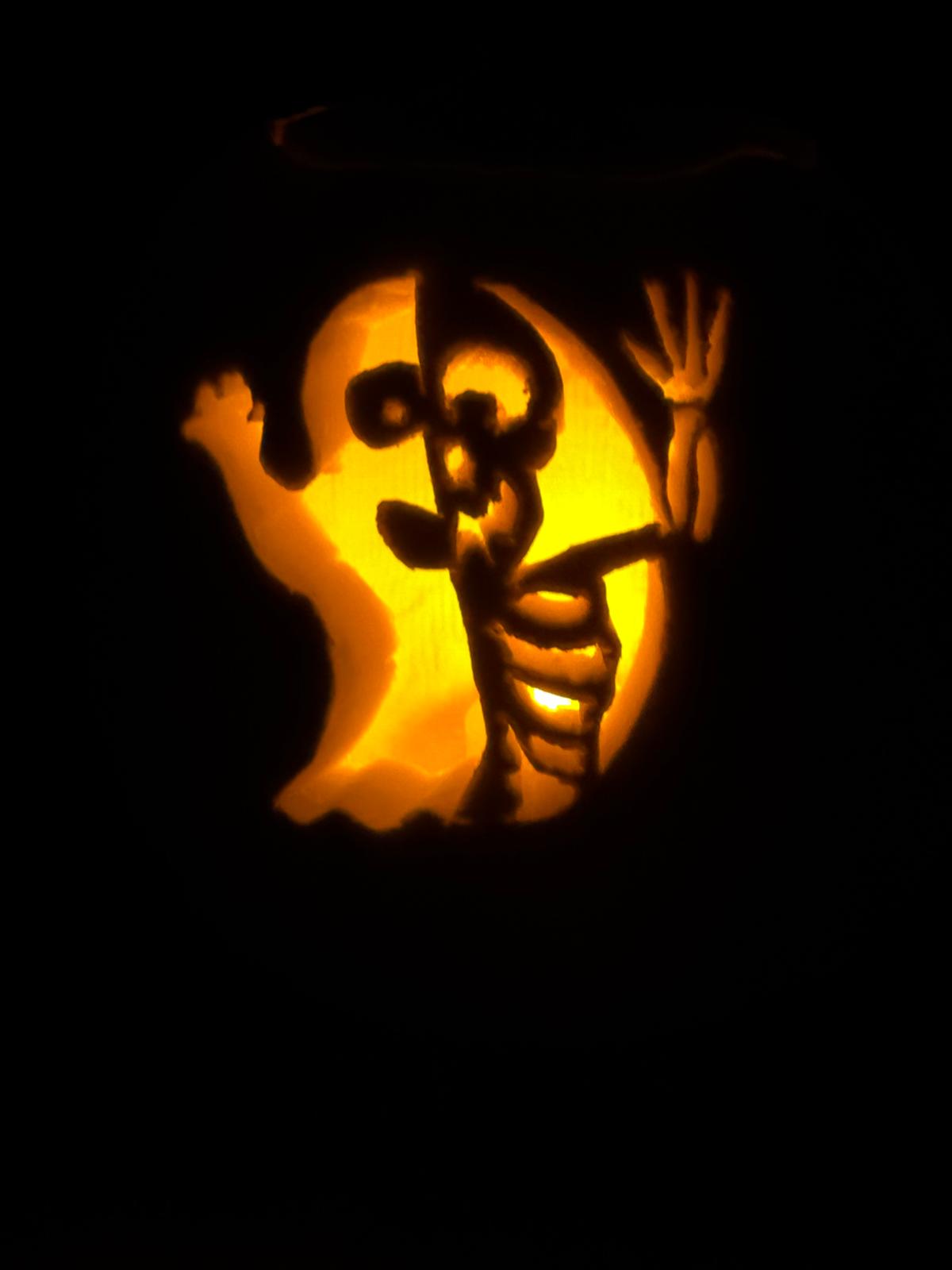 An illuminated carved pumpkin from the annual pumpkin-carving contest.