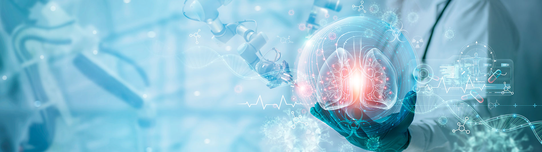Virtual human lungs with coronavirus spread inside with laboratory background