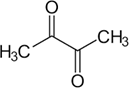 diacetyl molecule showing H3C, two double oxygen bonds, and a CH3 bond.