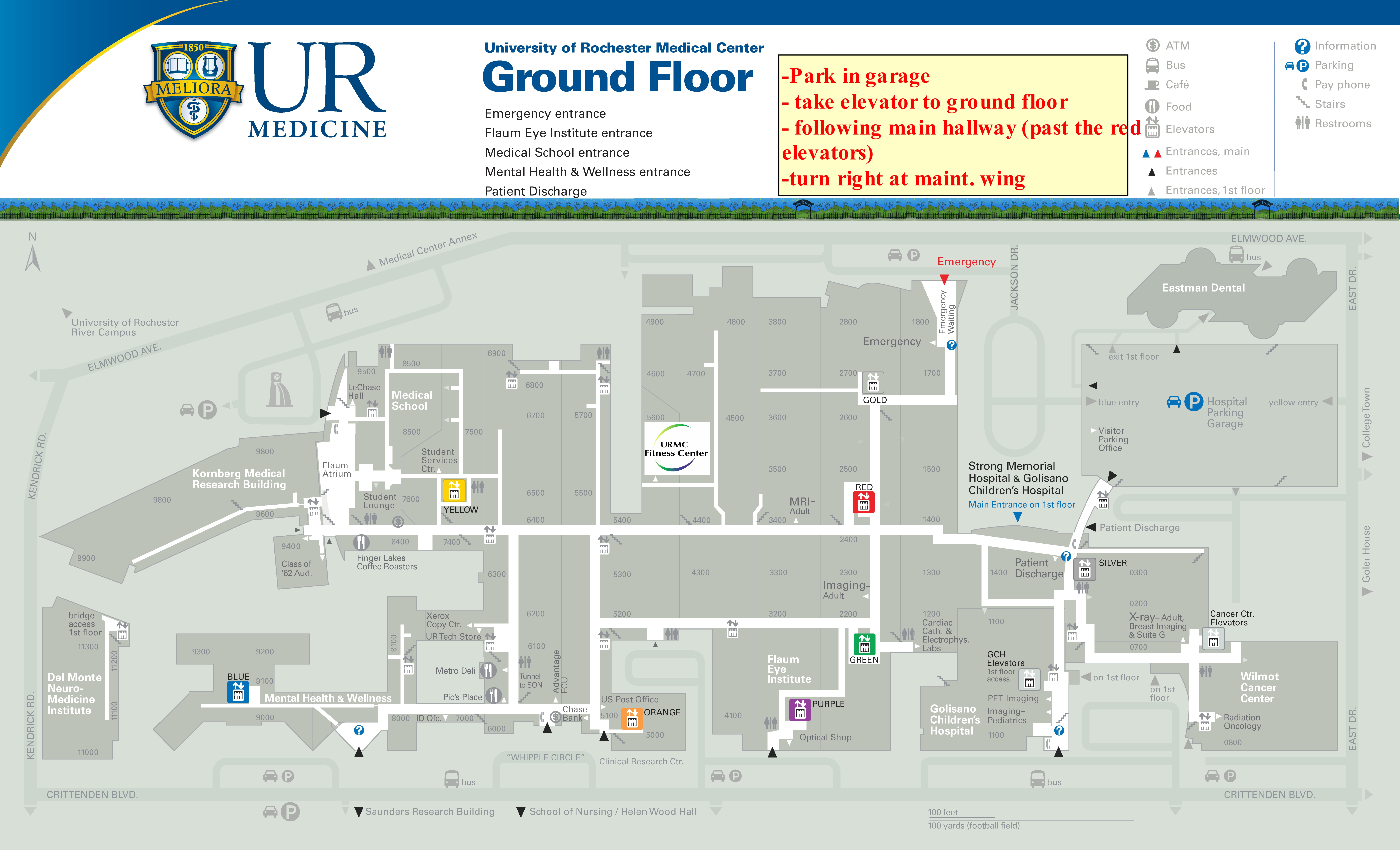 Floor map. "Ave Emergency". Acceptance package University of Rochester. Memorial Hospital Hollywood USA. Exit entrance Elevator Post Office information.