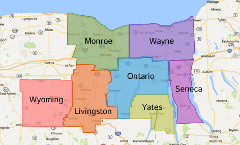 All counties map highlighting Monroe, Waye, Wyoming, Livingston, Ontraio, Yates and Seneca counites in New York State.