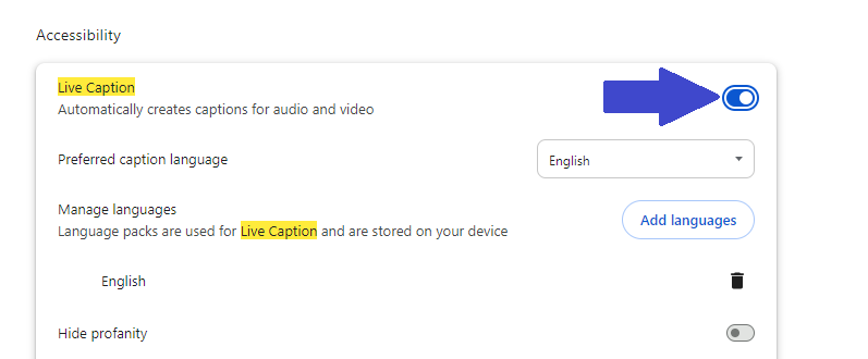 An arrow pointing to the switch to turn on Live Caption
