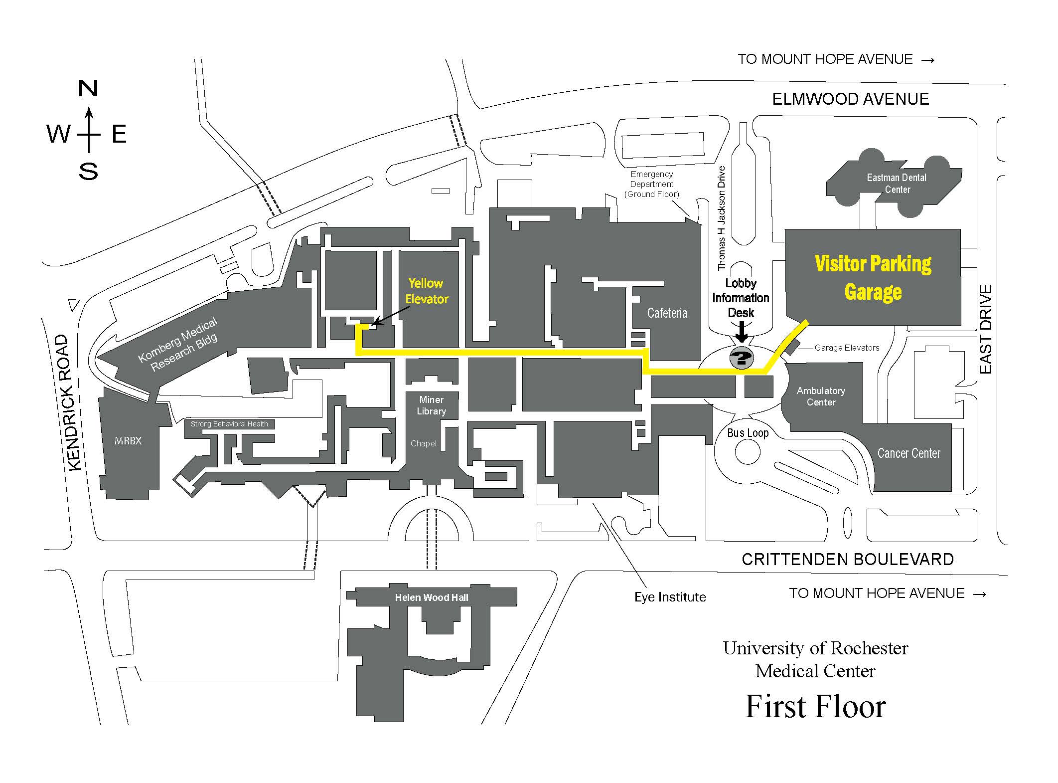 Map of the UR Medical Center first floor leading to the yellow elevators
