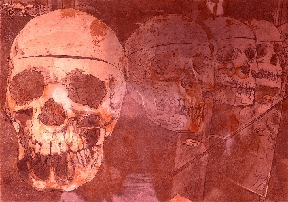 A display of human skulls.