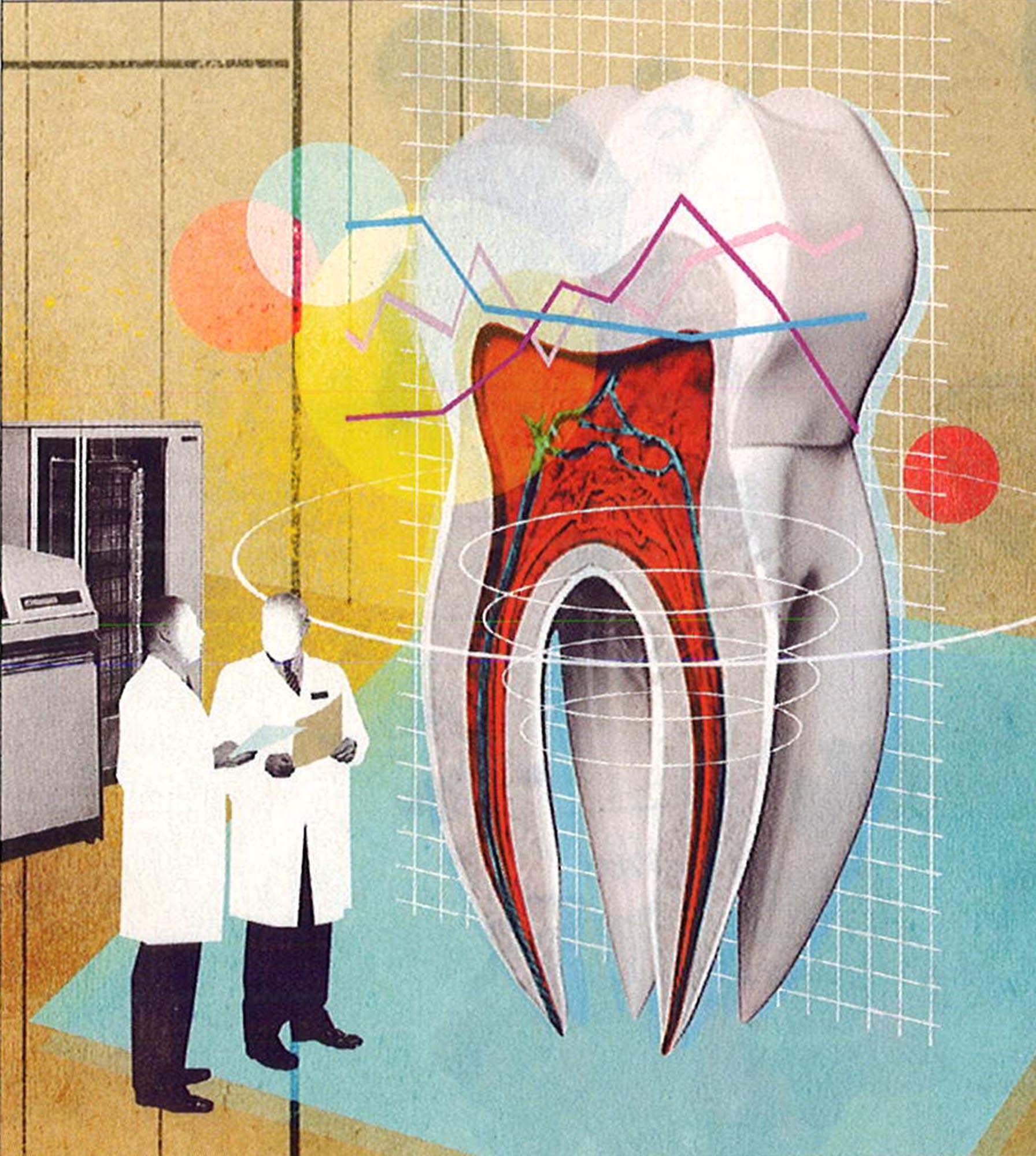 Artistic graphic of two scientists looking up at a large digital display of a tooth model.