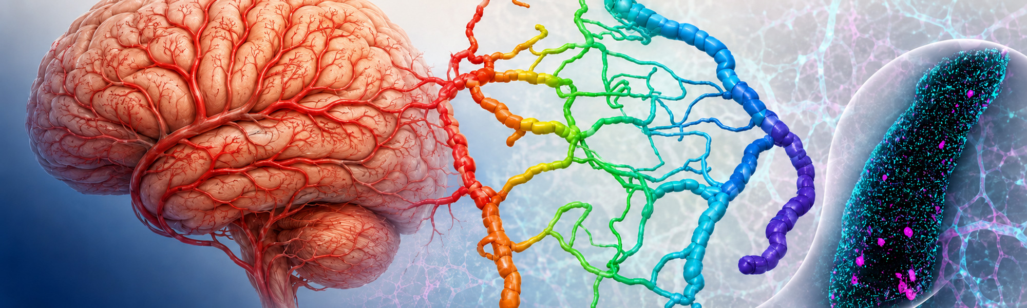 A detailed graphic of a human brain on the left with colorful neural pathways extending toward a cell-like structure on the right, set against a soft gradient background