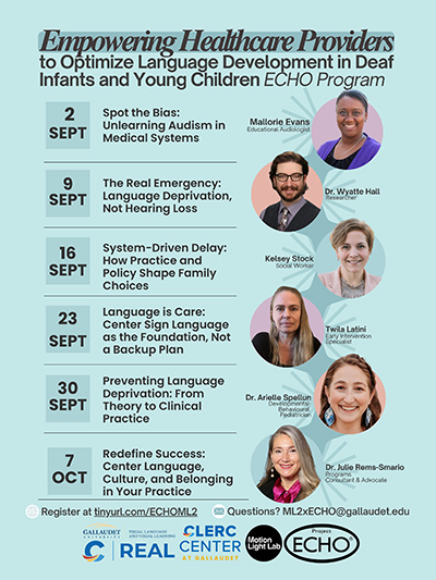 Light blue promotional graphic for Cohort 3 of the Empowering Healthcare Providers to Optimize Language Development in Deaf Infants and Young Children ECHO Program. Six weekly sessions are listed alongside presenter headshots: Mallorie Evans, Wyatte Hall, Kelsey Stock, Twila Latini, Arielle Spellun, and Julie Rems-Smario. Partner logos appear at the bottom of the graphic, including Motion Light Lab (ML2), Project ECHO, Gallaudet University, VL2, REAL, and Clerc Center.