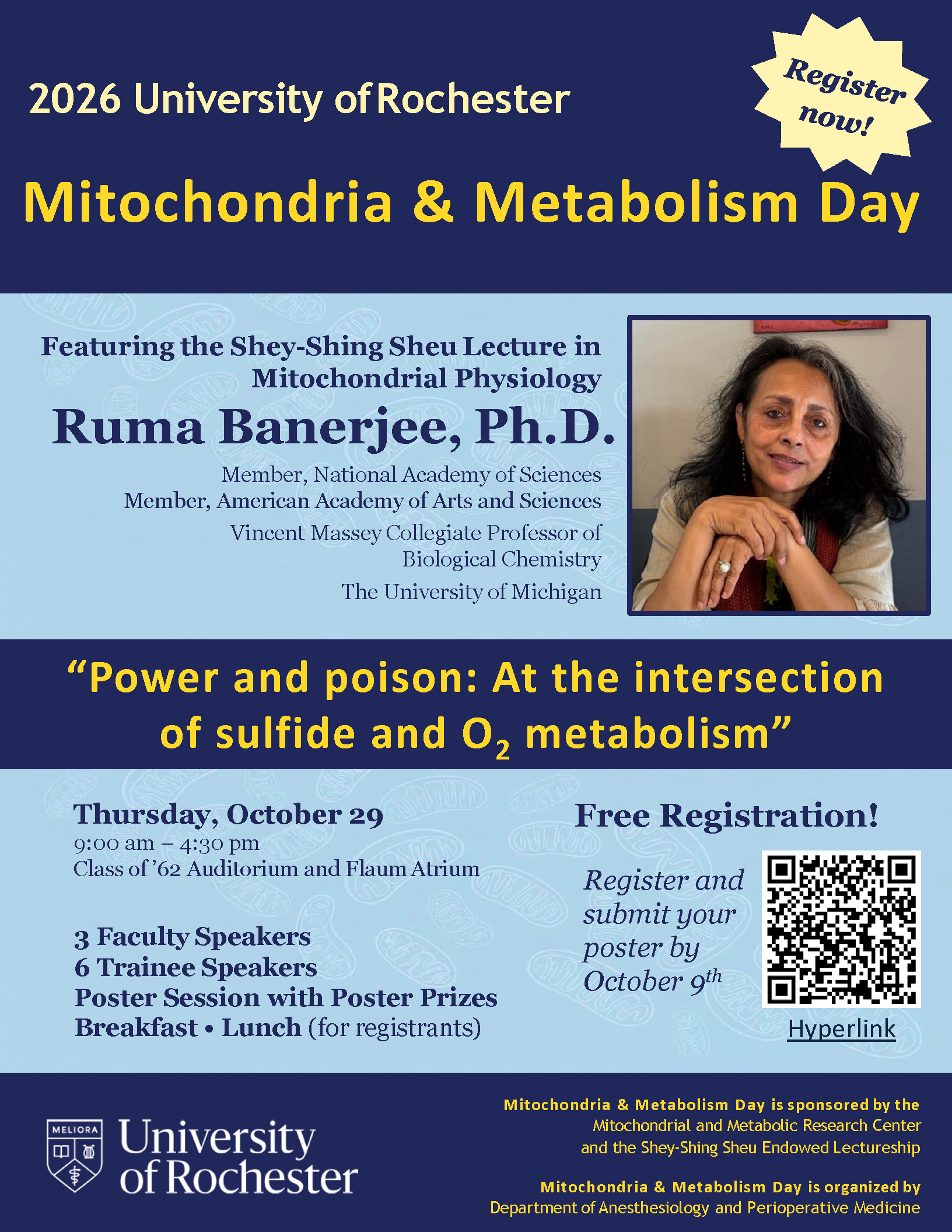Flyer for the Shey-Shing SheuLecture in Mitochondrial Physiology with speaker Ruma Banerjee,Ph.D.