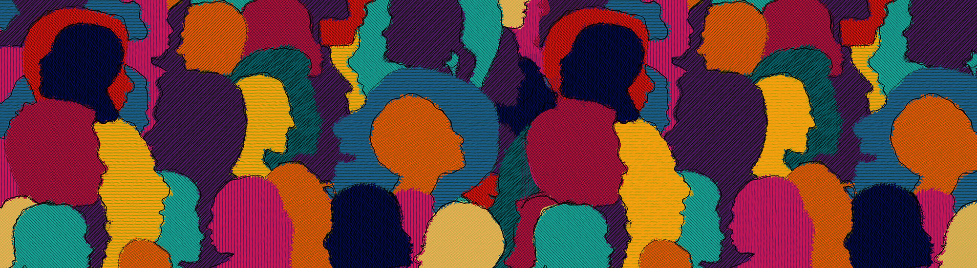 Illustration of numerous multicolored human silhouettes overlapping each other, forming a dense, abstract crowd with no visible facial features