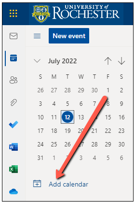 Outlook Web Access with red arrow pointing to the Add Calendar link