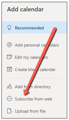 Outlook Web Access with red arrow pointing to the Subscribe from web option in a menu