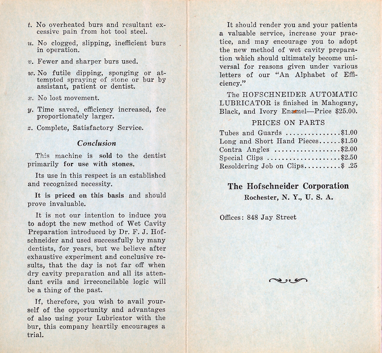 The Hofschneider Automatic Dental Lubricator pamphlet, conclusion