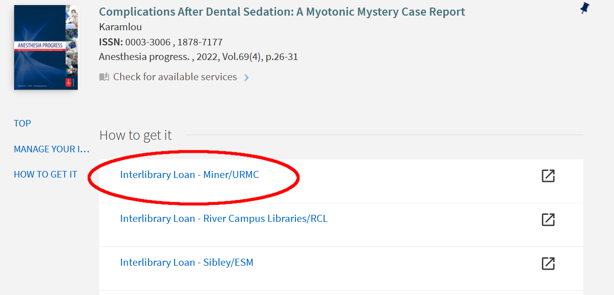 image depicting location of Interlibrary Loan - Miner/URMC link