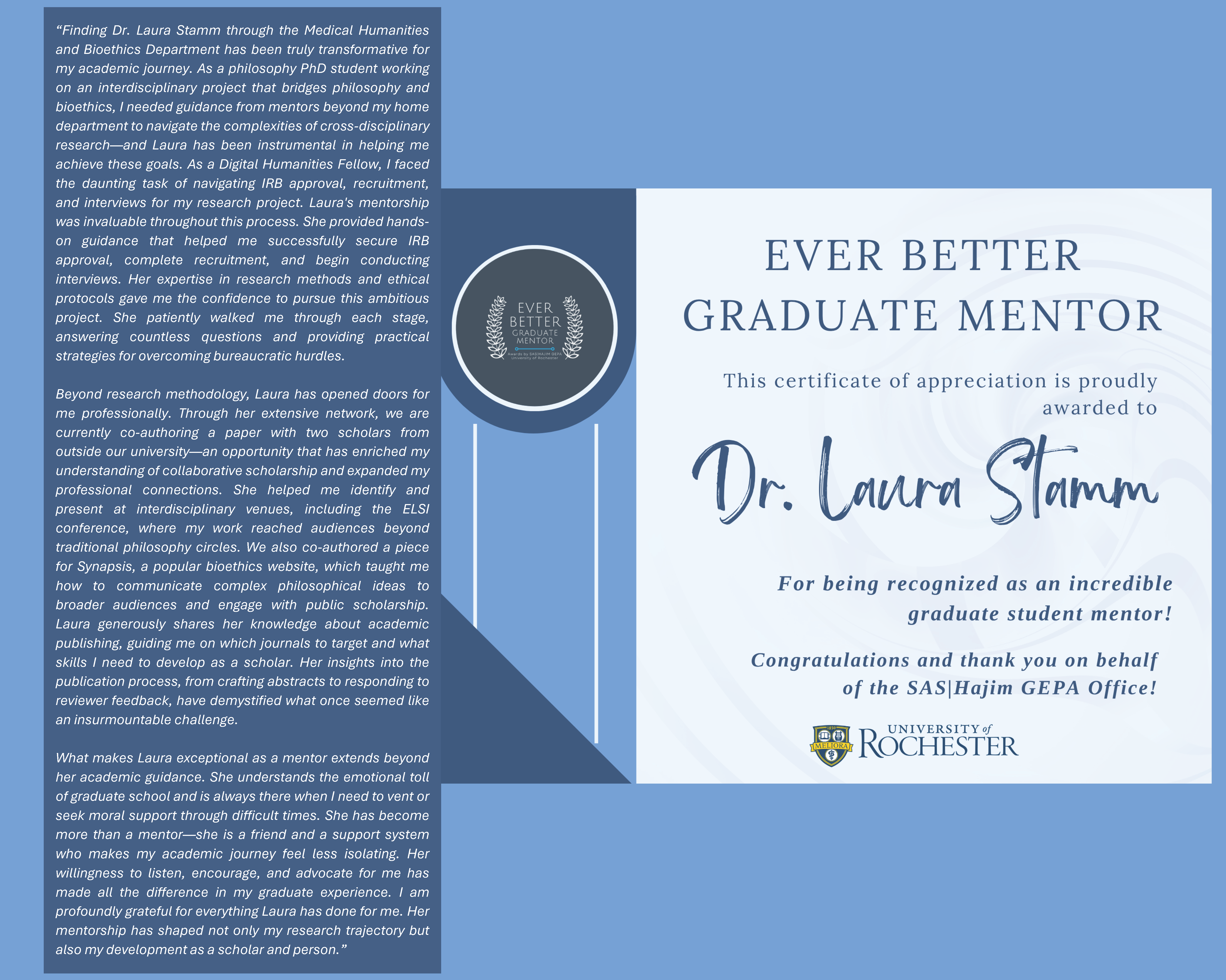 Award flyer for Dr. Stamm