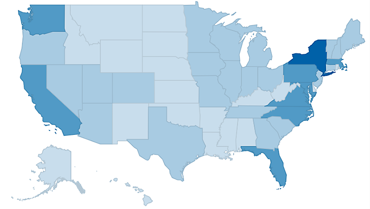Map of United States showing population distribution of University of Rochester Internal Medicine alumni in 2022.