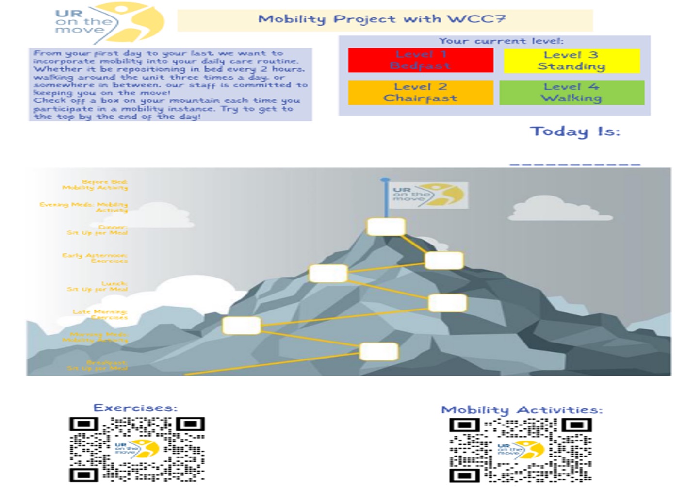 UR On the Move Mobility Project worksheet for patients with description of mobility levels 1-4, illustration of mountain and schedule of activities to encourage mobility