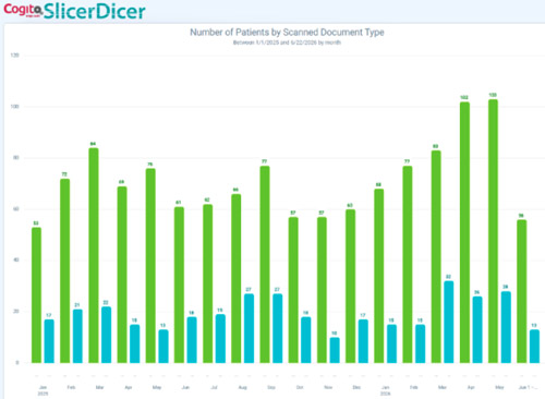 Number of Health Care Proxy (green) and MOLST (blue) completed per month at Strong Internal Medicine clinic