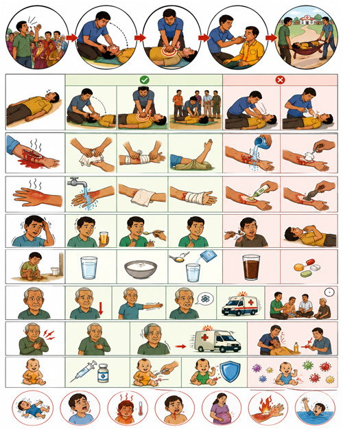 Fig. 1. Wordless, illustrated emergency-response guide distributed to participants for home use. Participants were encouraged to place the guide in an accessible location for quick reference.