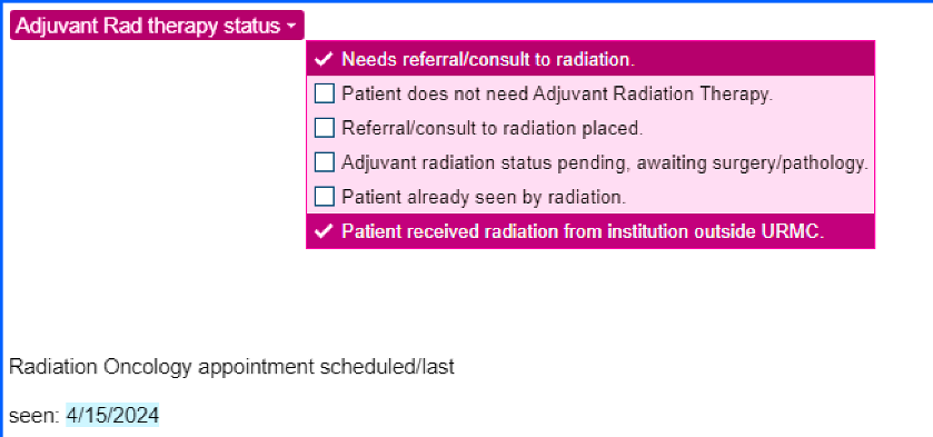 Screen capture of adjuvant radiation therapy status reminder