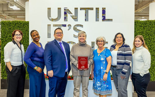 From left: Emily Stender, RN, Diana Johnson, SW, Laurent Quenaud, senior director of volunteer & donor relations at CFF, Donna Germuga, RT, Paula Lomas, senior director of clinical communications at CFF, Amanda Ramos, RN, Marin Valentino, PharmD.