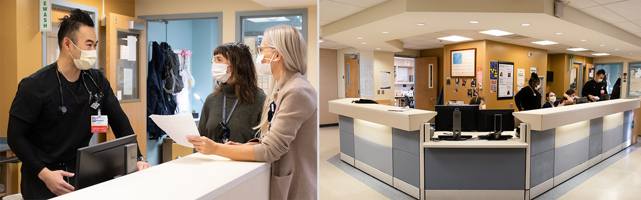 group of medical standing and talking around desk in medical unit