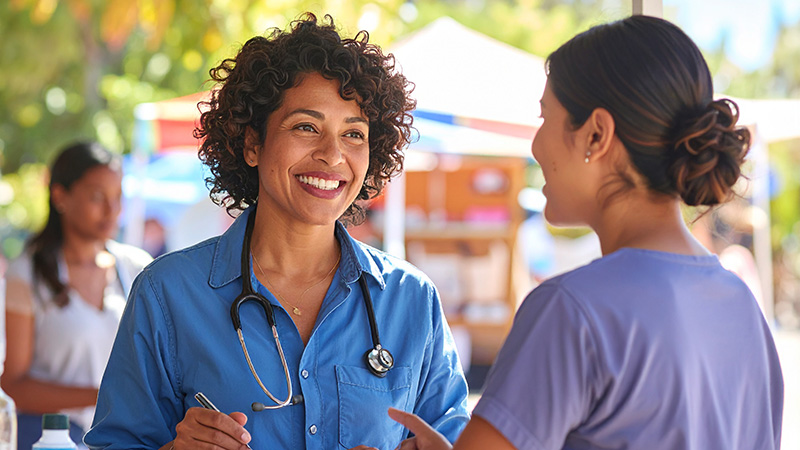 health care working talking at information booth