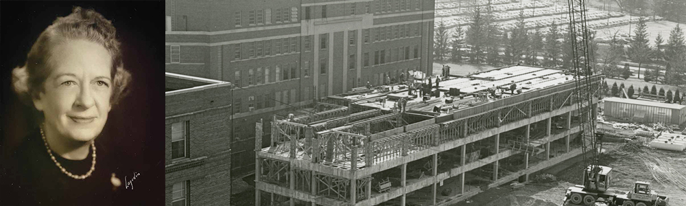 Helen Woodward Rivas and photo of construction of hospital
