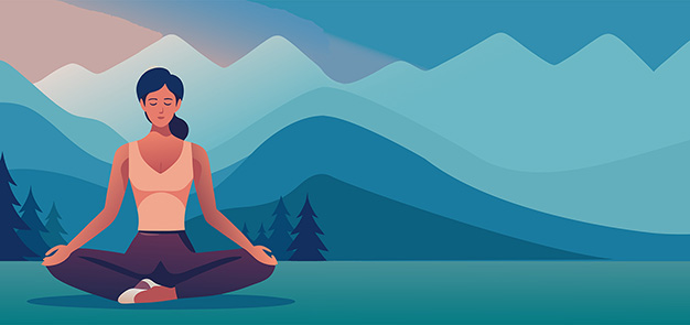 Mindfulness illustration of a person meditating in a mountain landscape