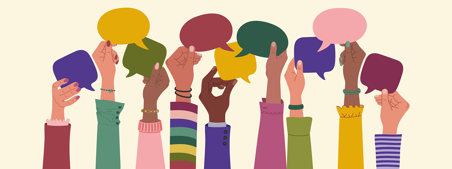 illustration of different hands holding up comment signs