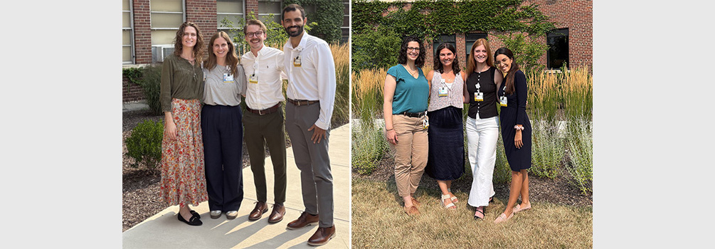 two groups of interns standing near mental health buliding
