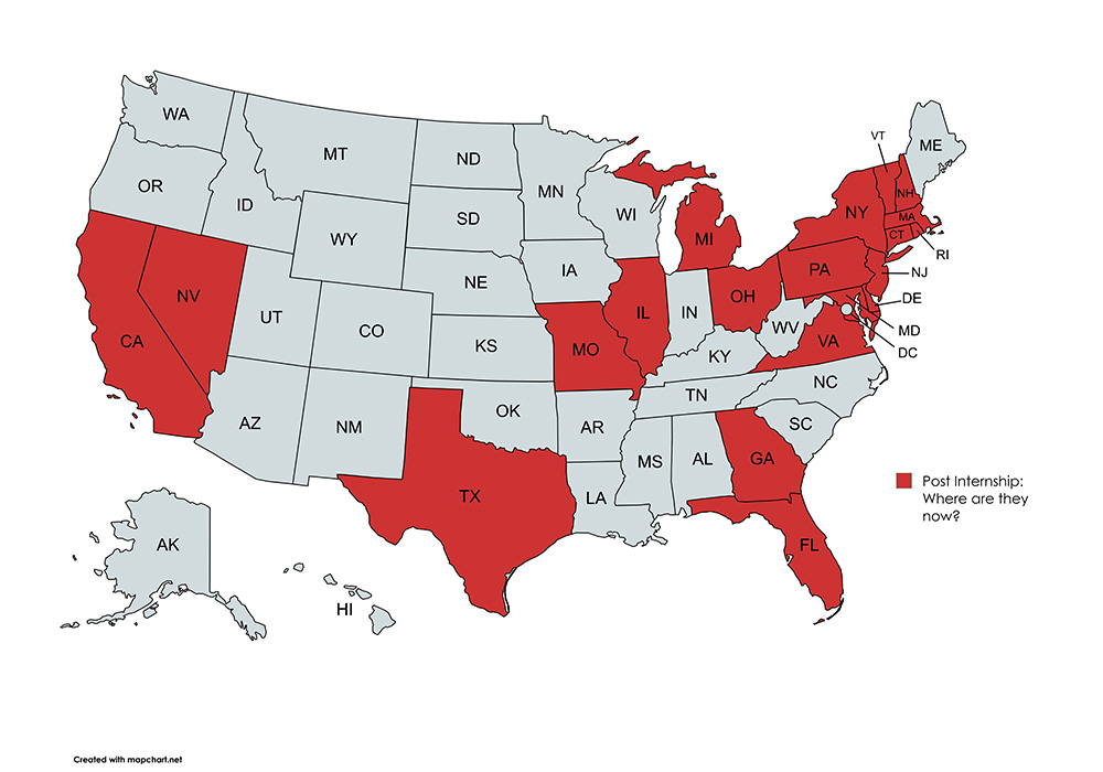 US map of states with past interns highlighted in red