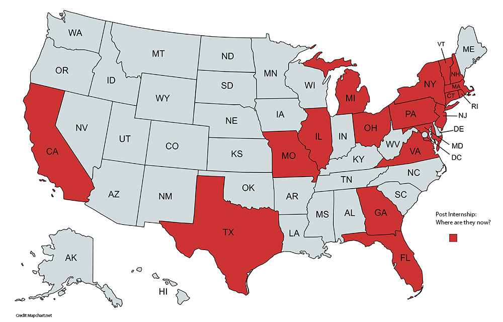 Map of the united states and highlighting interns in red